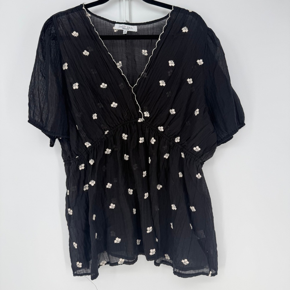 Sweet Rain Blouse 3X Black Floral Embroidered Babydoll Peplum Cottage Sheer Boho
